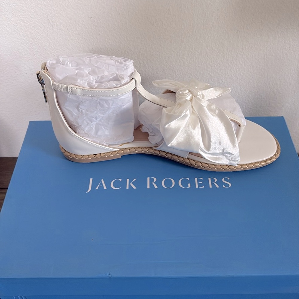 NIB [Jack Rogers] Heidi Satin Bow Accent T-Strap Zip Flat Sandals Women’s Sz 6 - Picture 6 of 14